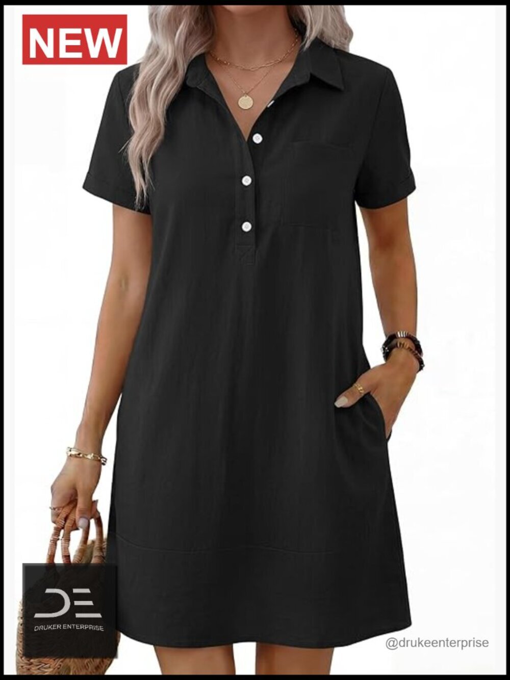 Short Sleeve Button Polo Shirt Dress, Knee-Length Casual V-Neck with Pockets